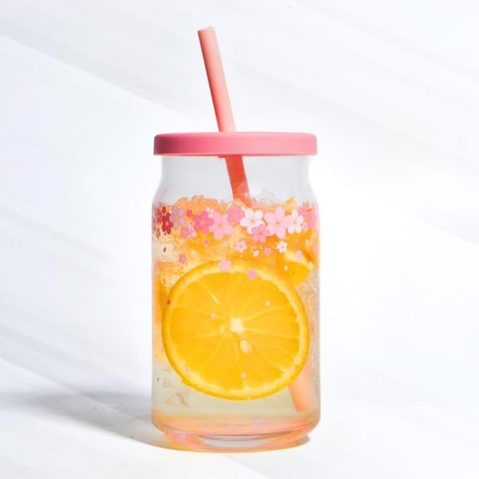 Pink Flower Glass Cup with Wooden Lid, Glass Straw -