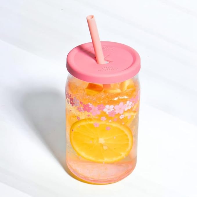 Pink Flower Glass Cup with Wooden Lid, Glass Straw -