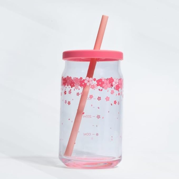 Pink Flower Glass Cup with Wooden Lid, Glass Straw -