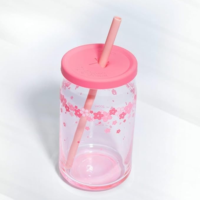 Pink Flower Glass Cup with Wooden Lid, Glass Straw -