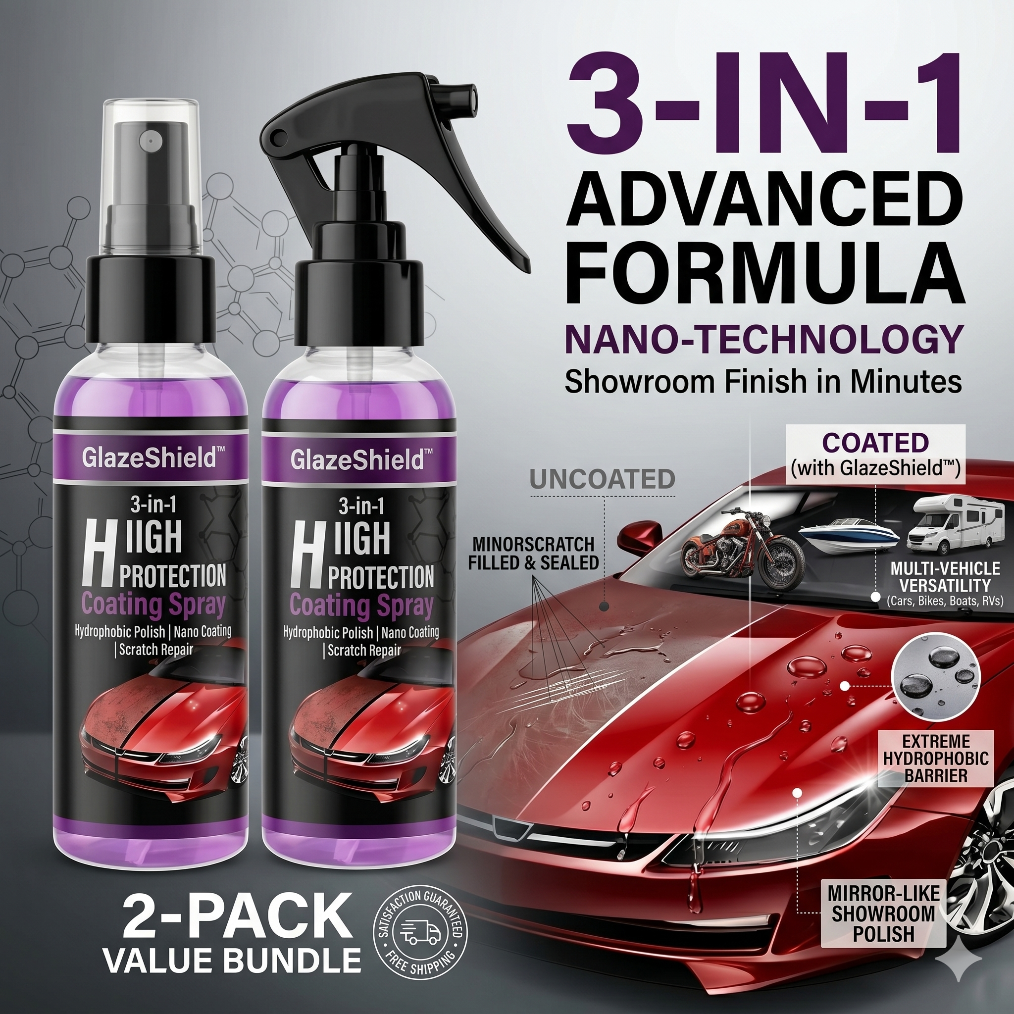 Showroom Shine Hydrophobic Nano Coating & Scratch Repair Spray (2-Pack) for Car and Bikes